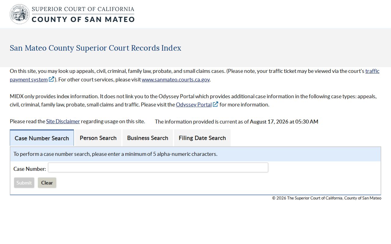 San Mateo County residents directory Superior Court MIDX index