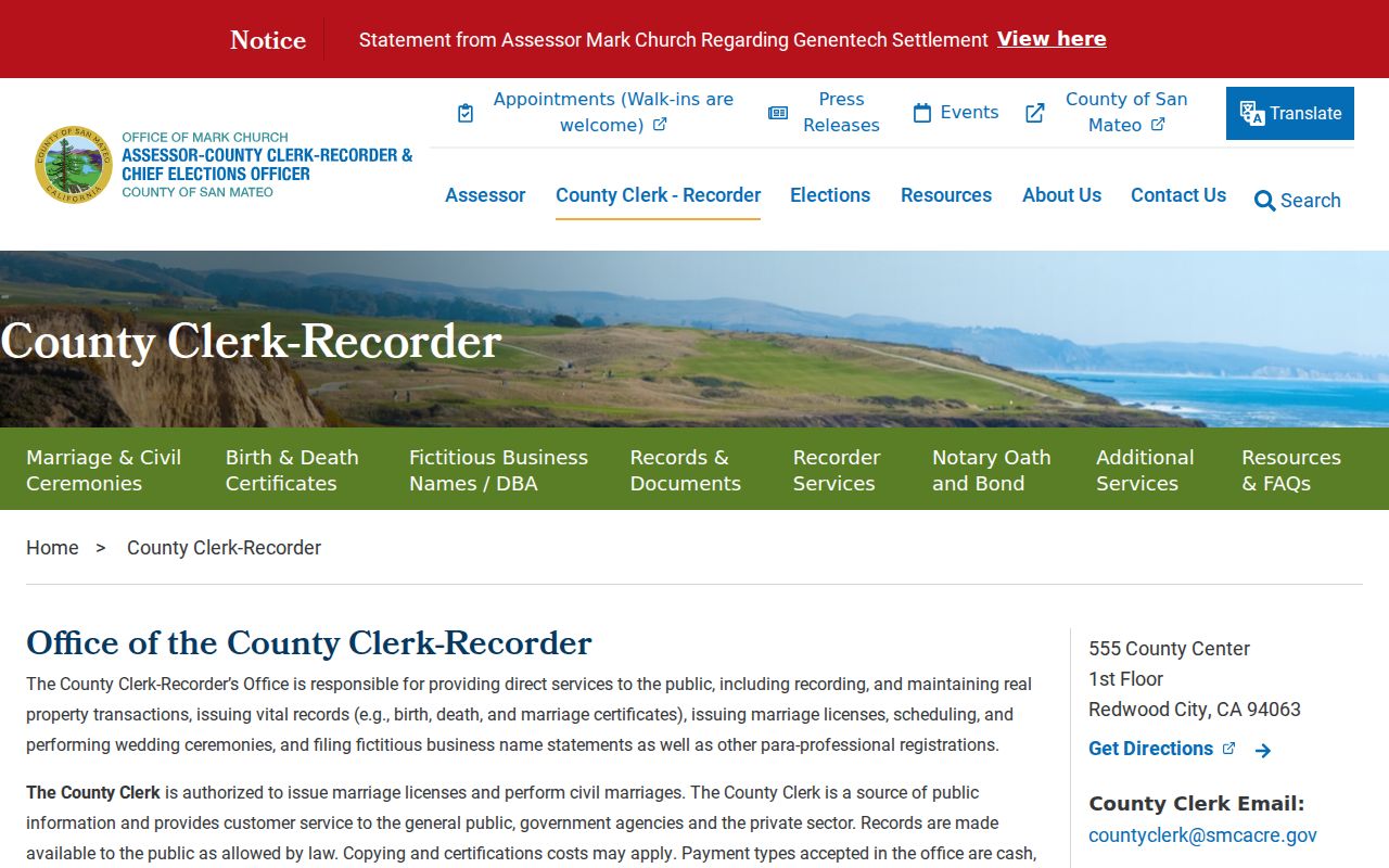 San Mateo County residents directory ACRE County Clerk Recorder