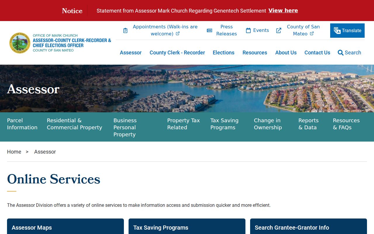 San Mateo County residents directory ACRE assessor online services