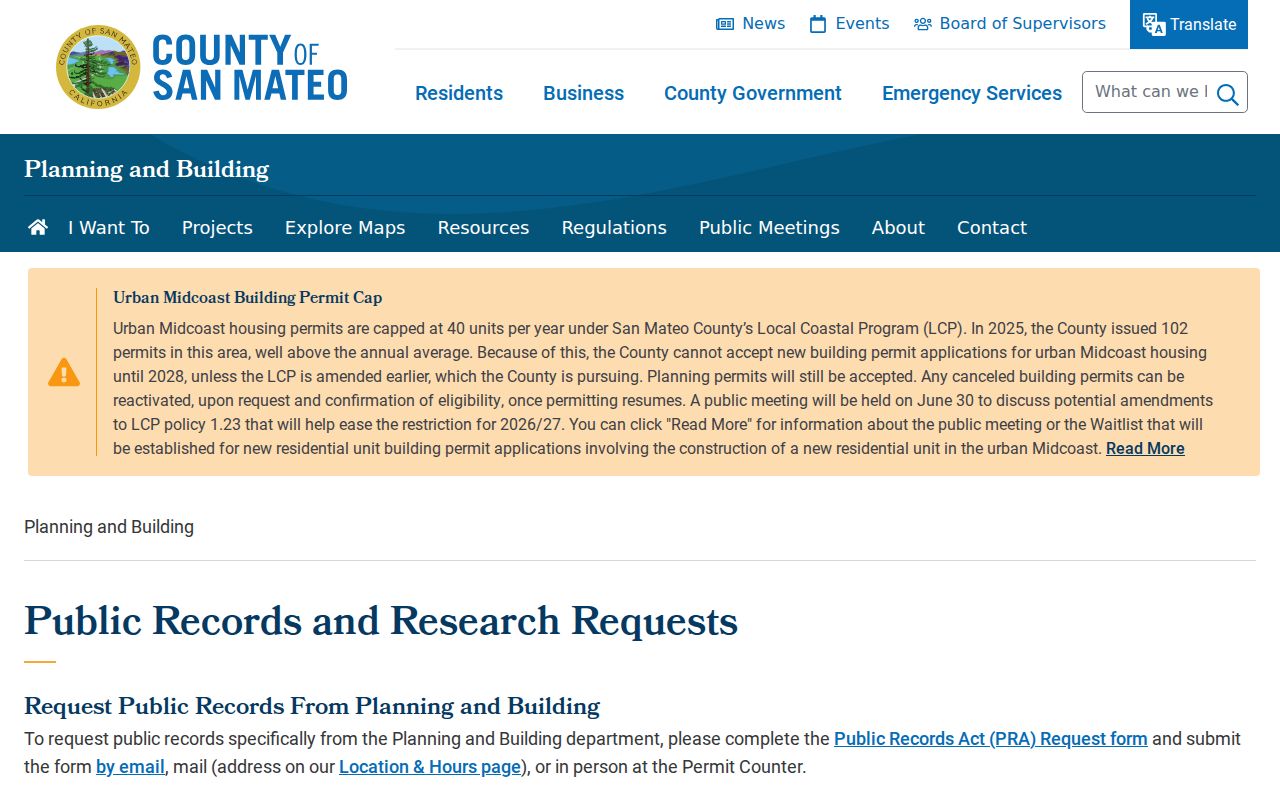 San Mateo County street directory Planning public records request